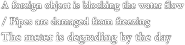 A foreign object is blocking the water flow / Pipes are damaged from freezing / The meter is degrading by the day